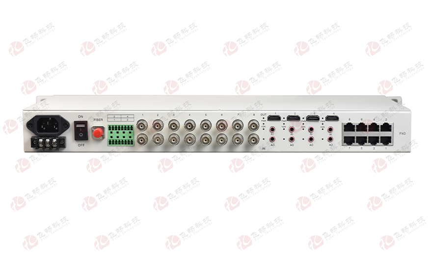 飛暢科技-4路HDMI視頻+2路千電+4路百電(物理隔離)+8路電話+開關(guān)量+串口+E1 光端機(jī)